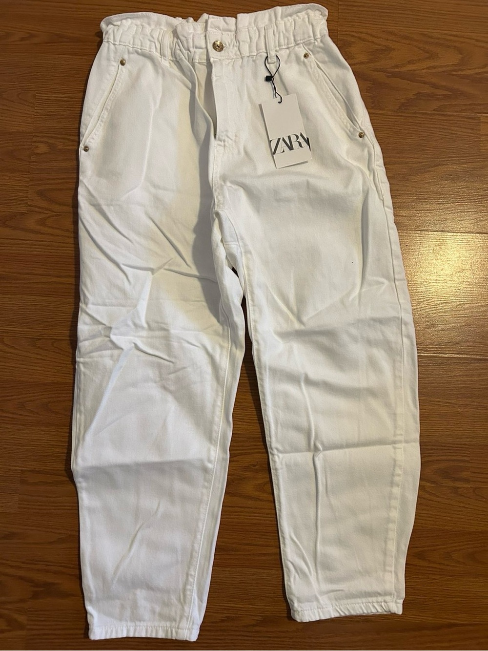 Zara White Paperbag Waist Baggy Jeans - Picture 1 of 4